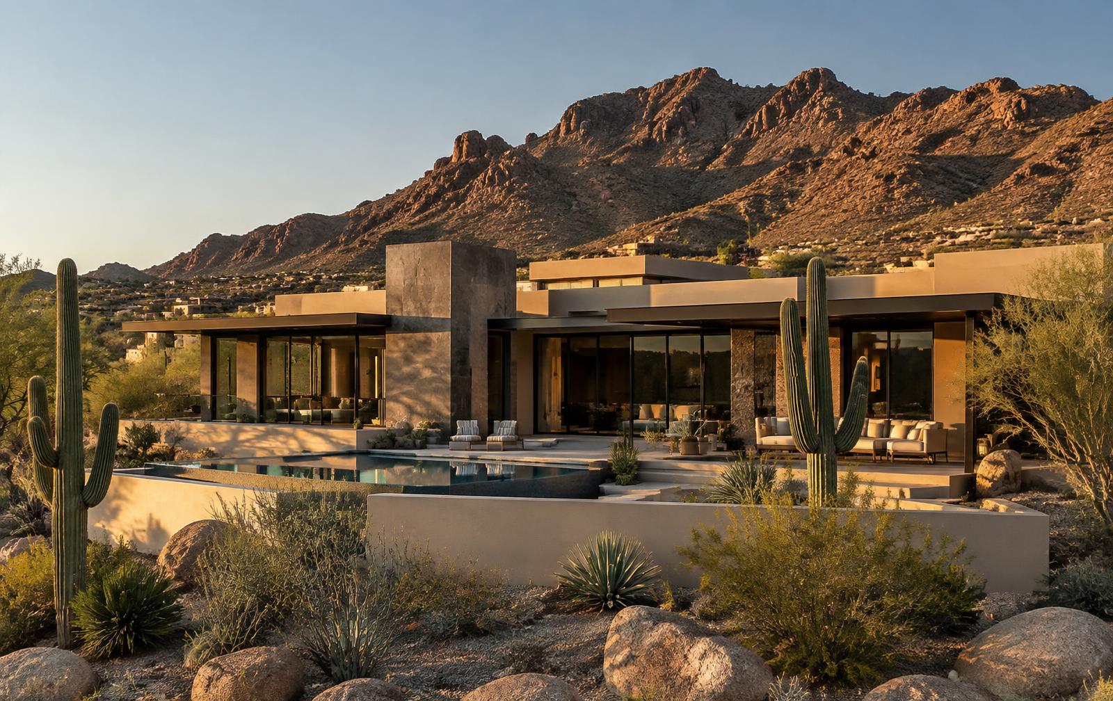 Modern luxury home with desert landscaping in Scottsdale, Arizona